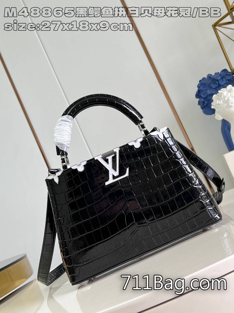 一比一LV M48865黑鱷魚拼白貝母花冠/小號 嚴選材質打造精品包 原單LV高端精品包可拆卸肩帶成就舒適肩背和斜挎體驗。27x18x9cm-711高仿包包,A貨包包